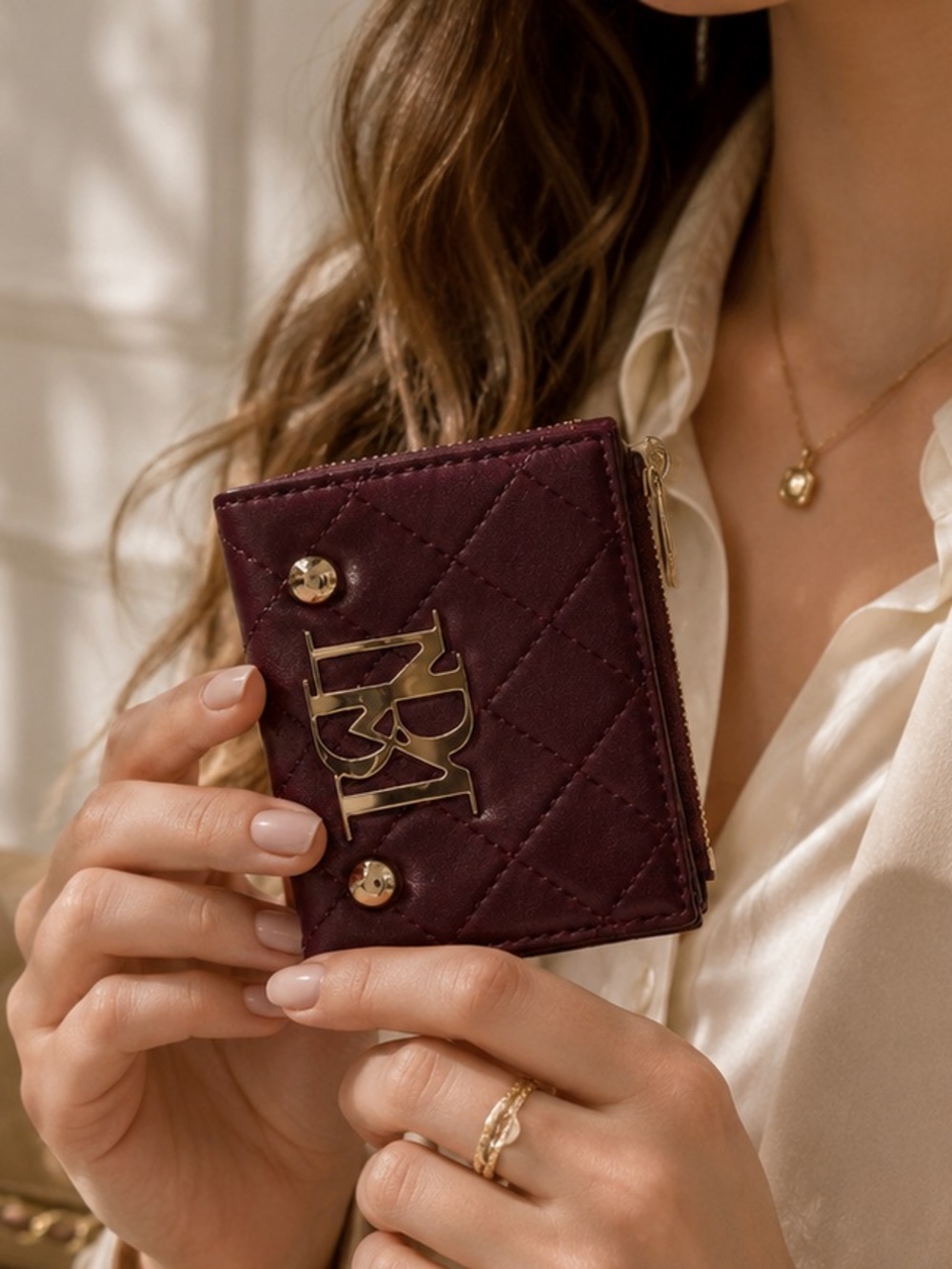 Badgley Mischka Quilted Card & Key Holder in Burgundy with Gold Hardware - Picture 3 of 8